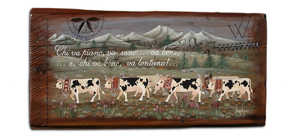 peinture sur mélèze défilé de vaches blanches et noires