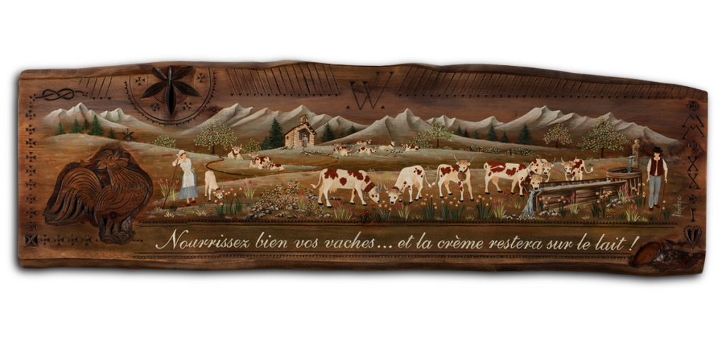 peinture sur bois, vaches à l'abreuvoir