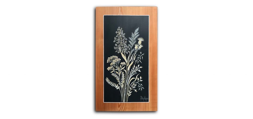 peinture sur bois : bouquet d'herbes sauvages