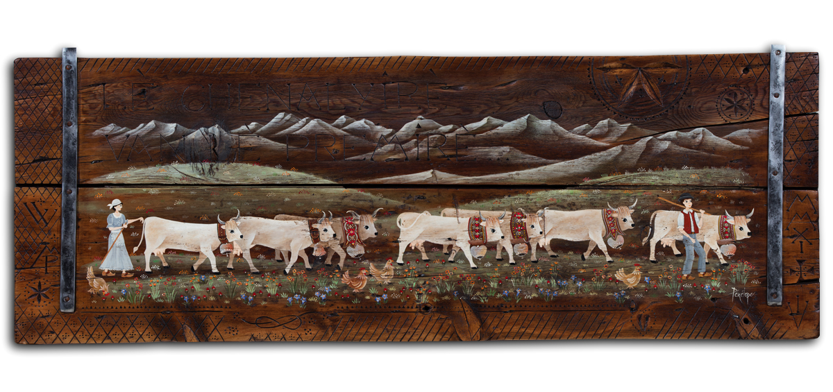 peinture défilé de vaches accompagnées de poules sur vieux volet mélèze gravé : rosaces du Queyras, nœud de vie, vivat...