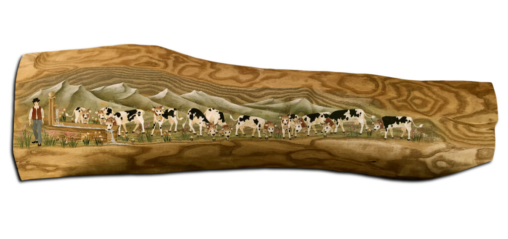 peinture sur frêne, scène de vaches à l'abreuvoir