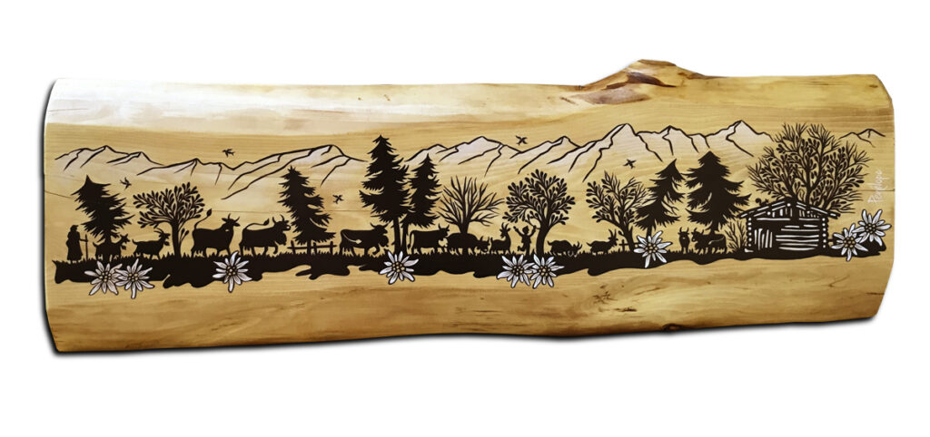 peinture sur bois, pin du Nord, scène de poya - peinture en noir et blanc