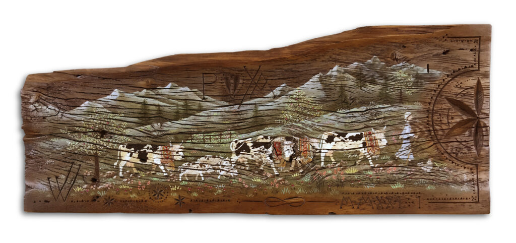 peinture acrylique et gravure sur vieux sapin, scène de poya avec vaches et cochons