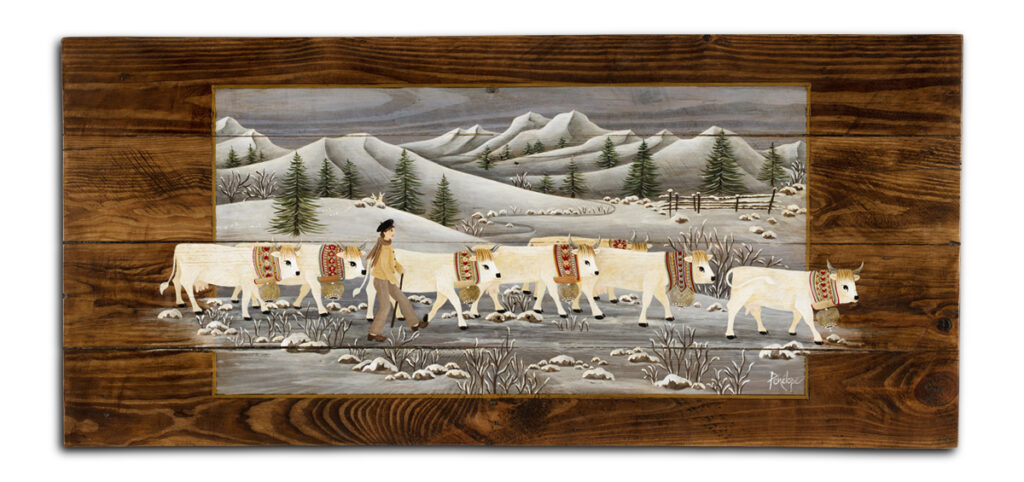 peinture sur bois poya scène hivernale de vaches et lapins coquins