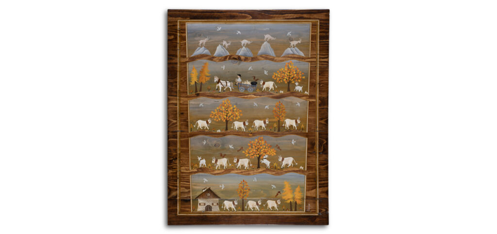 peinture sur bois d'une poya, tableau avec chalet, vaches, charrette pour la fbication des fromages en alpage, chamois, paysage automnal