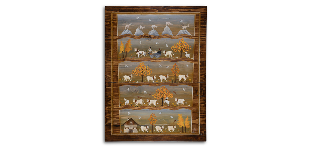 peinture sur bois d'une poya, tableau avec chalet, vaches, charrette pour la fbication des fromages en alpage, chamois, paysage automnal