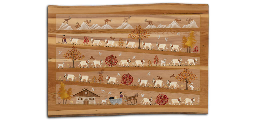 poya, montée à l'alpage, peinture sur mélèze, ambiance d'automne