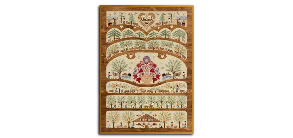 peinture sur bois : poya avec chalet, vaches, charrette, bouquet avec chardons bleus et fleurs sauvages, montée à l'alpage pour la fabrication des fromages