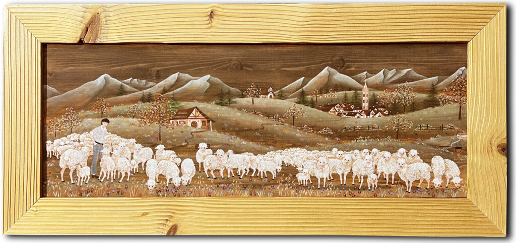 troupeau de brebis en alpage - reproduction sur toile d'une peinture sur bois