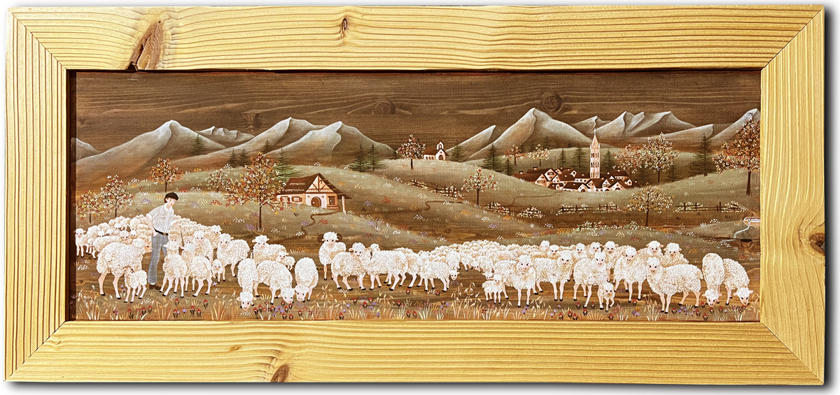 troupeau de brebis en alpage - reproduction sur toile d'une peinture sur bois