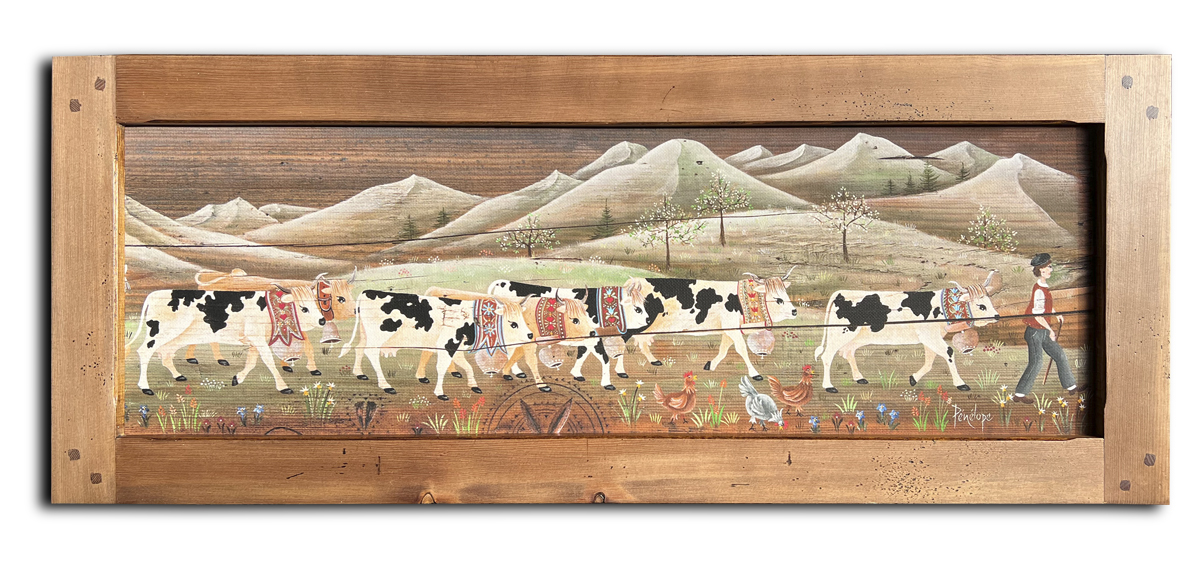 reproduction sur toile d'une scène de transhumance peinte sur bois