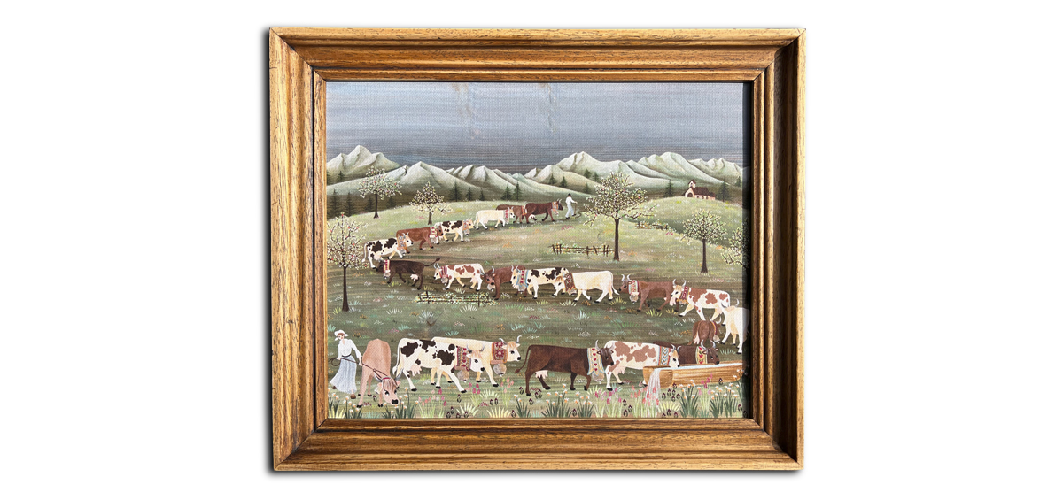 montée à l'alpage d'un troupeau de vaches - reproduction sur toile d'une peinture sur bois
