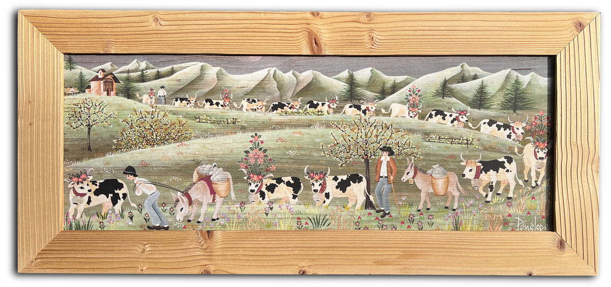 scène d'alpage, descente du troupeau avec vaches, ânes...