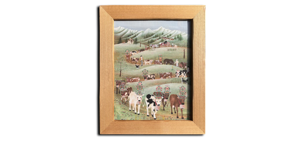 descente d'alpage avec vaches décorées de bouquets sur la tête - reproduction sur toile d'une peinture sur bois