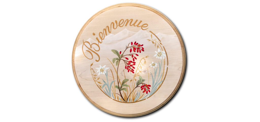 Peinture sur hêtre : bienvenue vec déco d'edelweiss et épine vinette