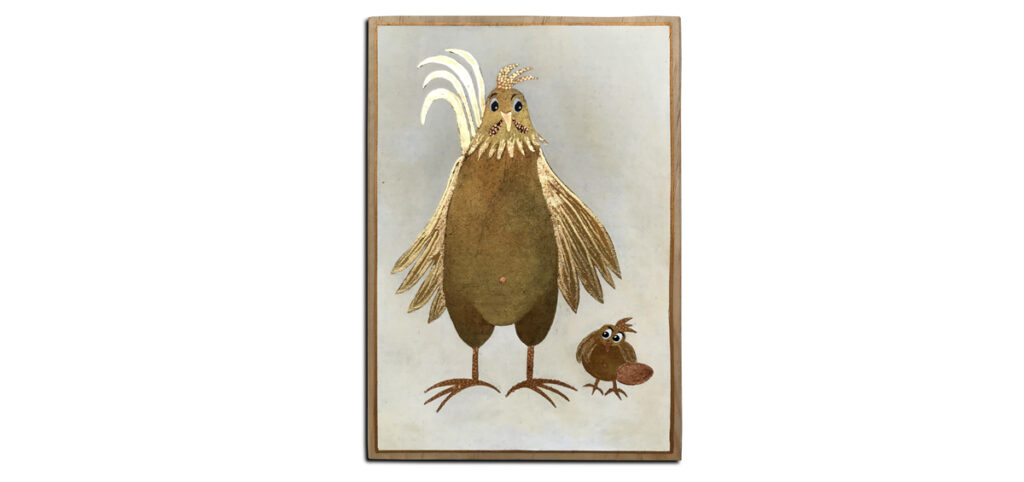 coq - technique mixte sur bois - peinture or et feuille d'or