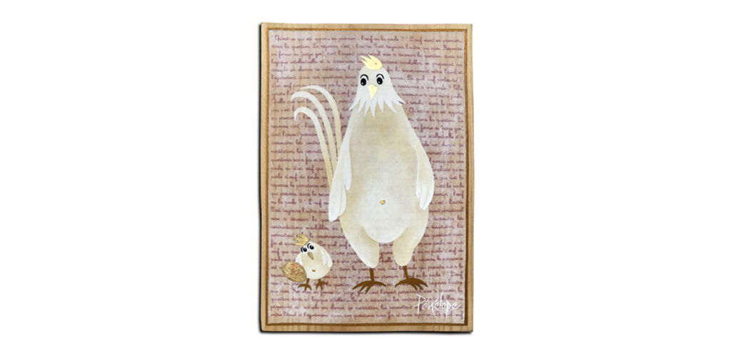 poule - technique mixte sur bois - peinture or et feuille d'or