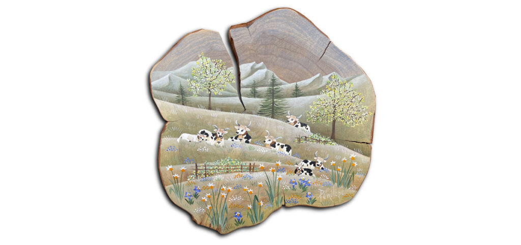 peinture sur bois de cade, vaches en alpage, narcisses et gentianes