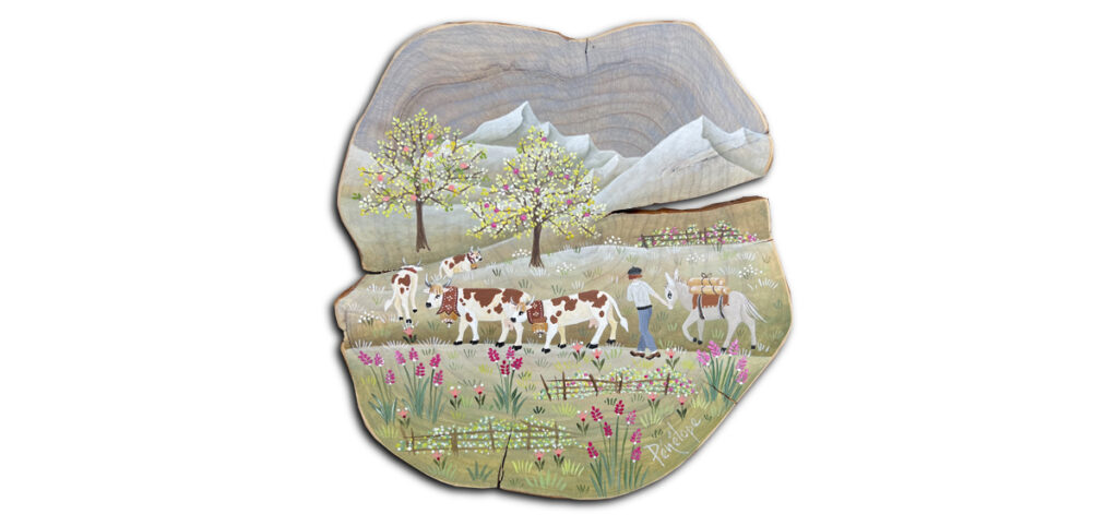 peinture sur bois de cade, montée des vaches en alpage