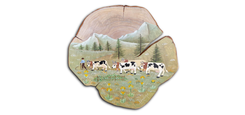 peinture sur bois de cade, montée des vaches en alpage