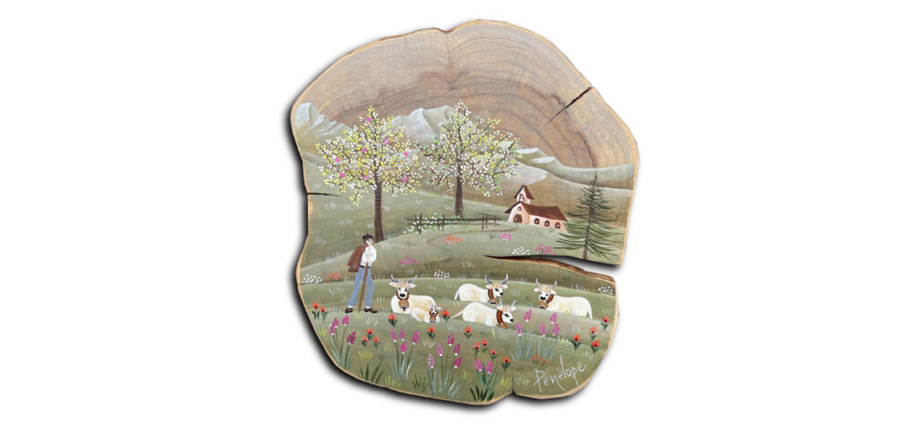 peinture sur bois de cade, vaches en alpage et chapelle