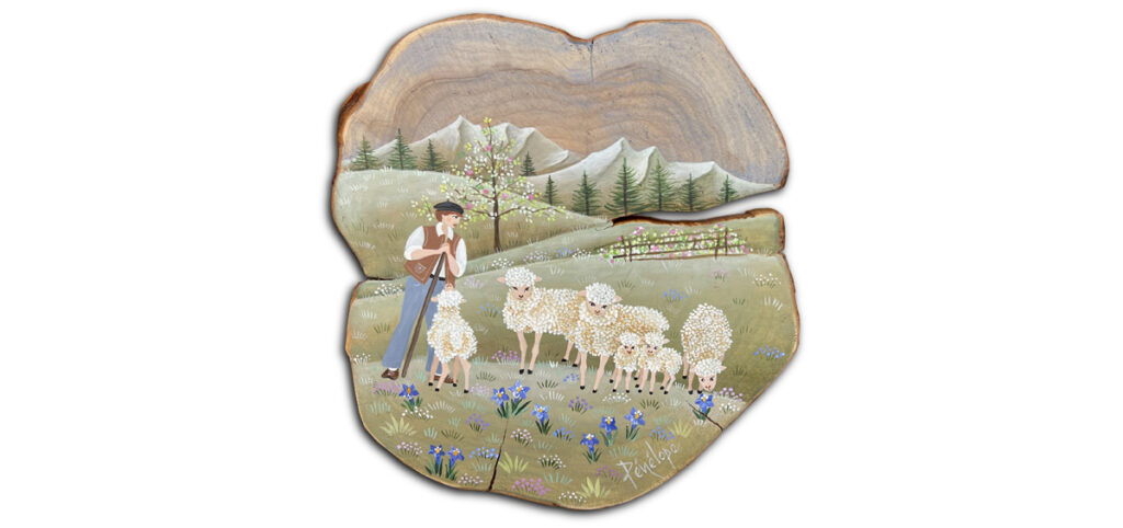 peinture sur bois de cade, brebis et berger en alpage