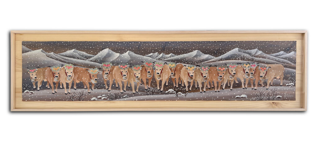 peinture sur bois, scène de désalpe par temps de neige avec vaches décorées de couronnes florales traditionnelles