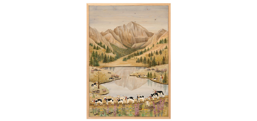 peinture sur bois, scène de vaches au bord d'un lac où se reflète la montagne